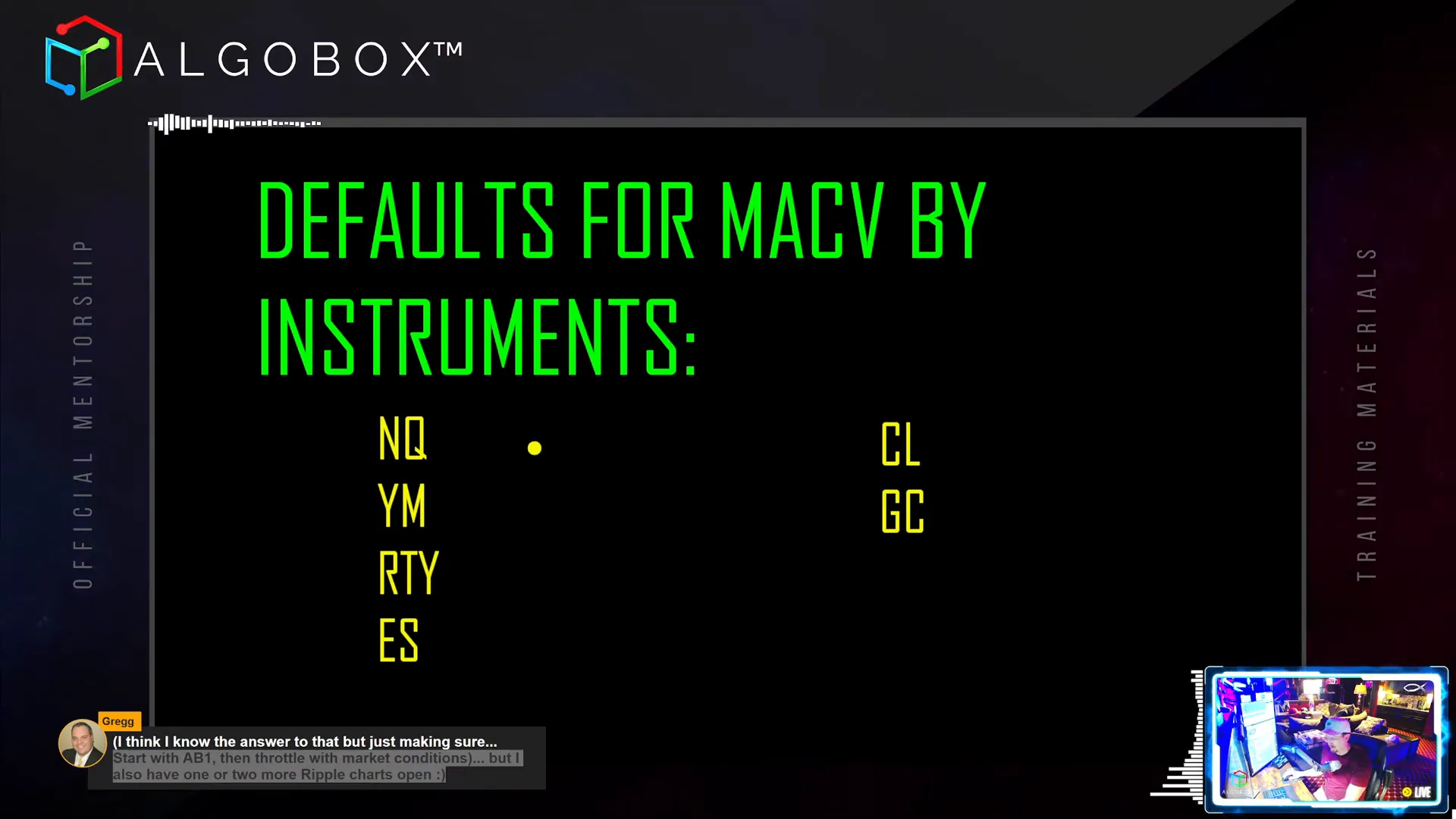 Default AlgoBar settings for various instruments