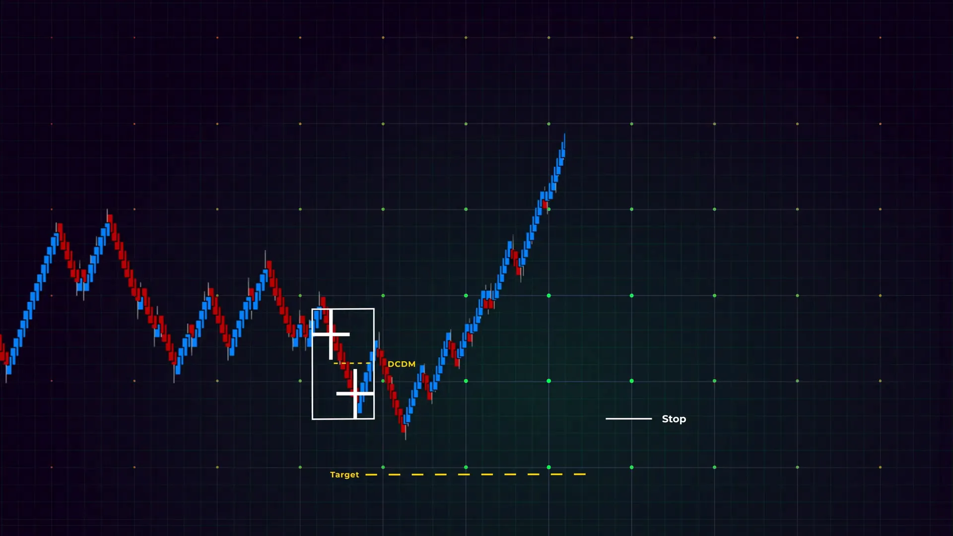 Step 8 screenshot: Risk management visual showing a stop below nearest Flowmaster cross